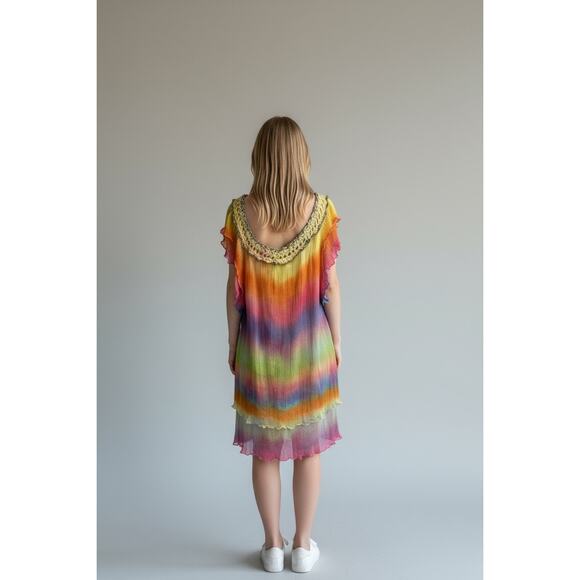 Multicolor Kaftan Knit Beach Coverup Hand Died Midi Dress Hobo Boho Artsy Large - Picture 2 of 7
